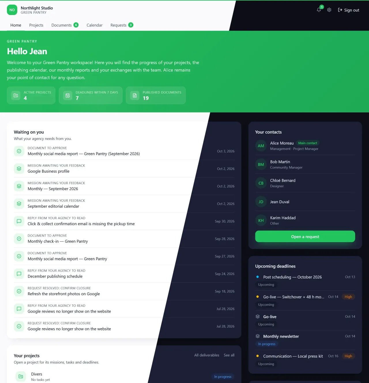 Mishka client portal, half in the light theme, half in the dark theme: what the agency needs from the client, contacts, upcoming deadlines.