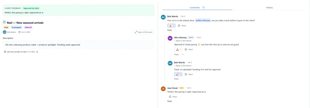Mishka: a task with the Approved by client banner, and the comment thread where the client, Jean Duval, approves the cut.
