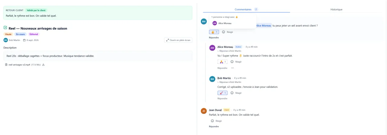 Mishka : une tâche avec le bandeau Validé par le client, et le fil de commentaires où le client, Jean Duval, valide le montage.