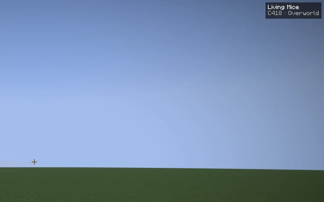 Minecraft, une plaine sous le ciel du soir. En haut à droite, le bandeau du mod affiche le morceau en cours : Living Mice, C418, Overworld.