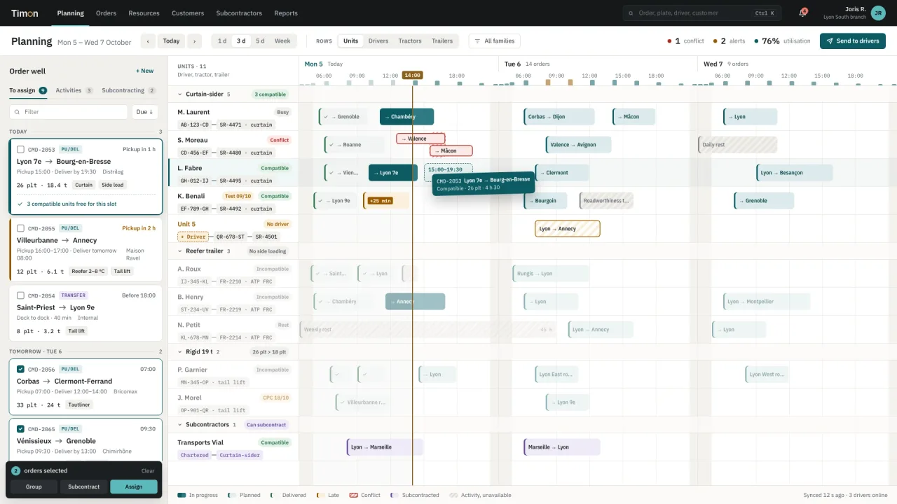 Timon mockup, planning screen: orders to assign on the left, units grouped by family over three days on the right.